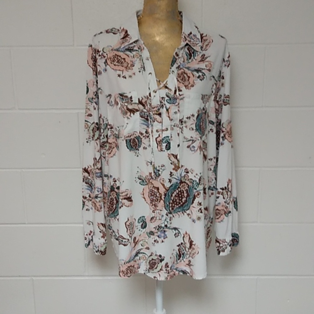 Chico's Lace-Up, Long Sleeve, Paisley Bohemian Western Shirt Blouse